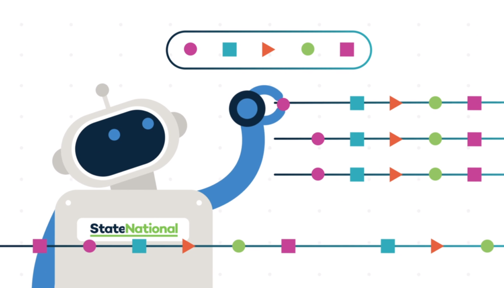 Illustrated robot with State National logo across the chest. Robot is holding circle, square, triangle shapes representing data